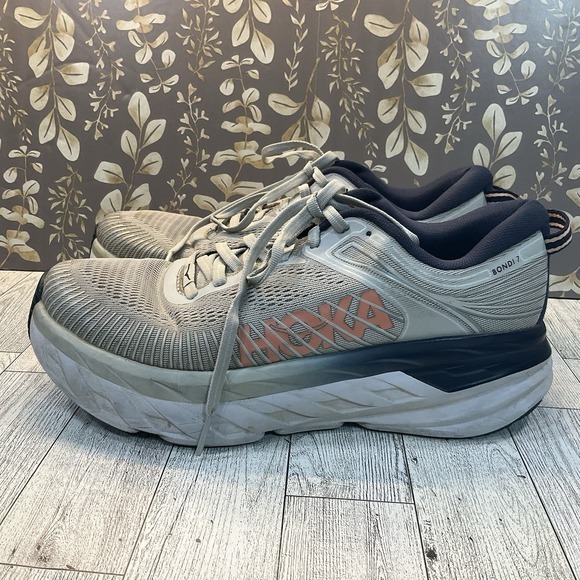 Womens Hoka One One Bondi 8.5 Gray/Navy/Peach Sneakers Shoes - Picture 3 of 7